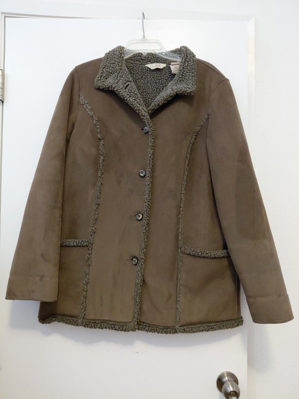 LL Bean Womens Faux Suede Shearling Barn Chore Coat Green Large